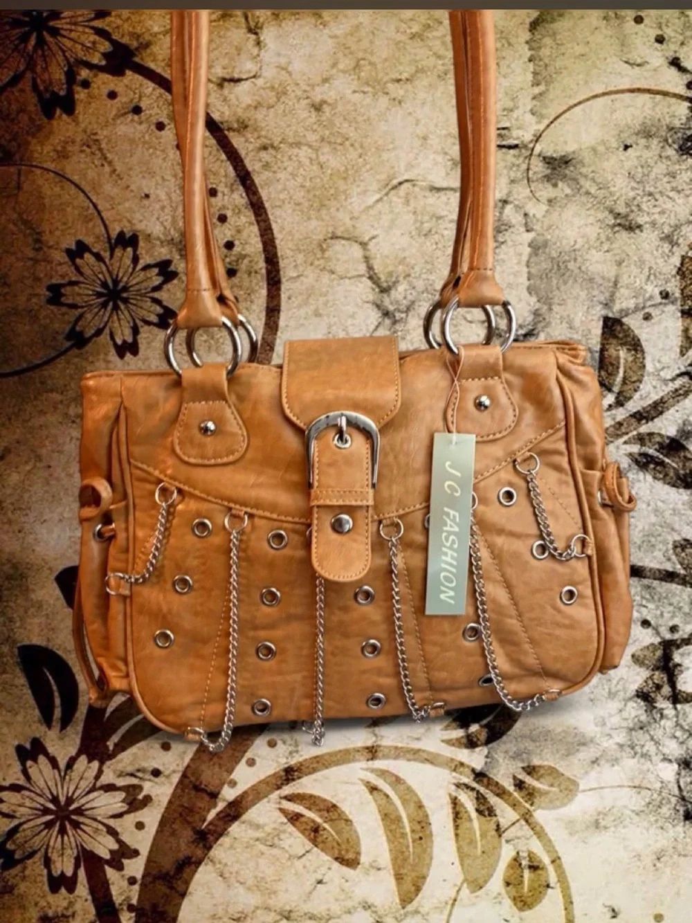 NWT jc fashion tan grommet Bag with Chain y2k grunge fairy core hobo
